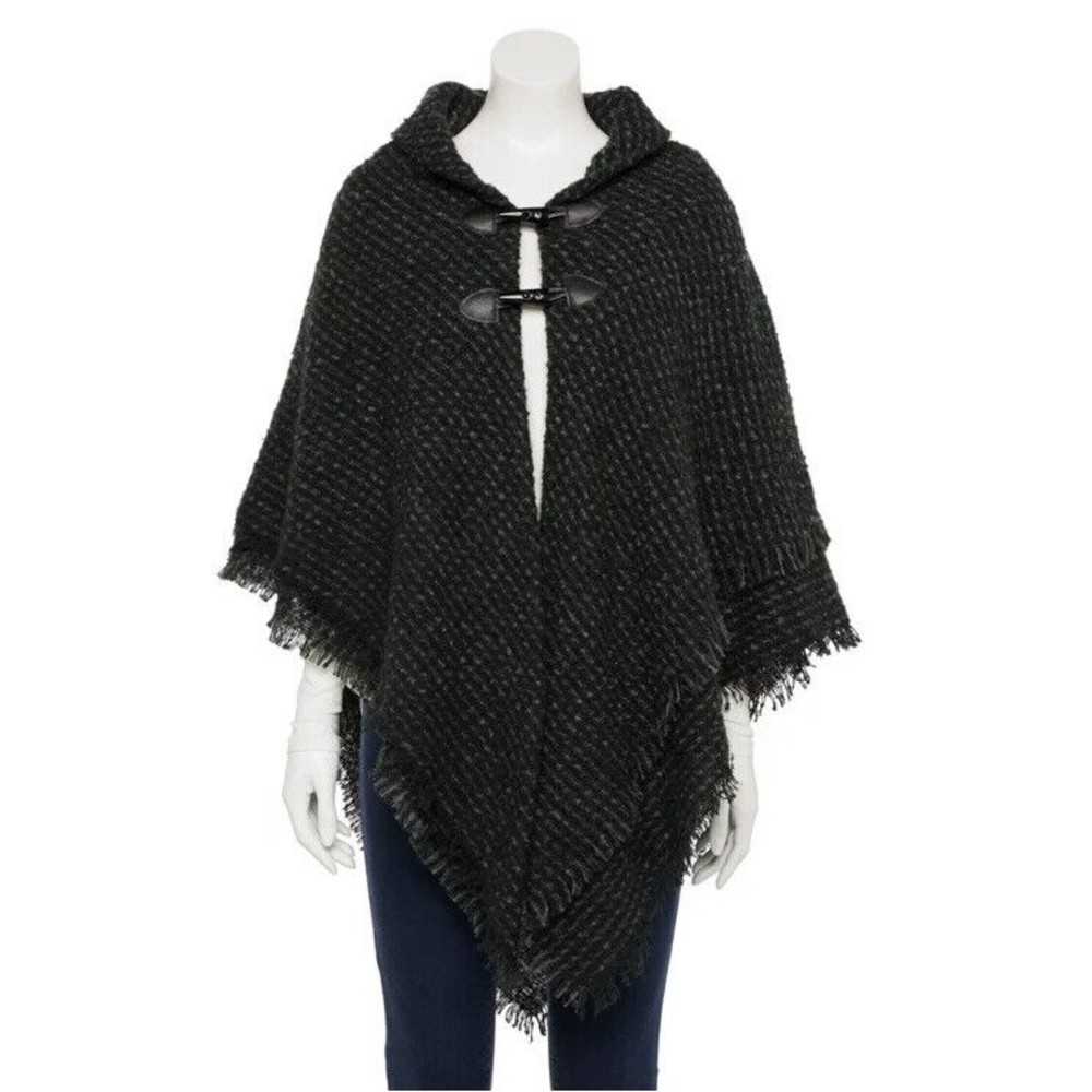 Sonoma poncho shawl Toggle Womens one size black gray knit fringe boho  nwt